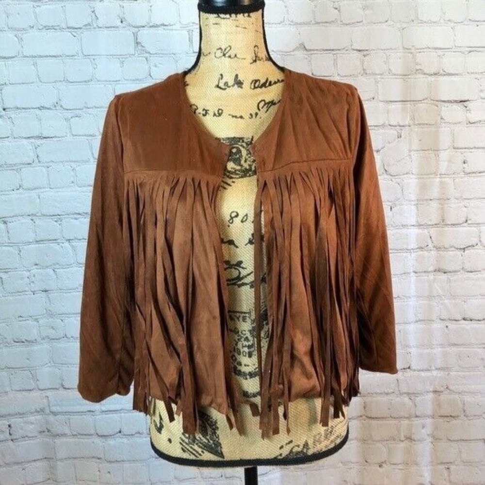 Defania Faux Suede Jacket Brown Long Front Fringe Hippie Style XL